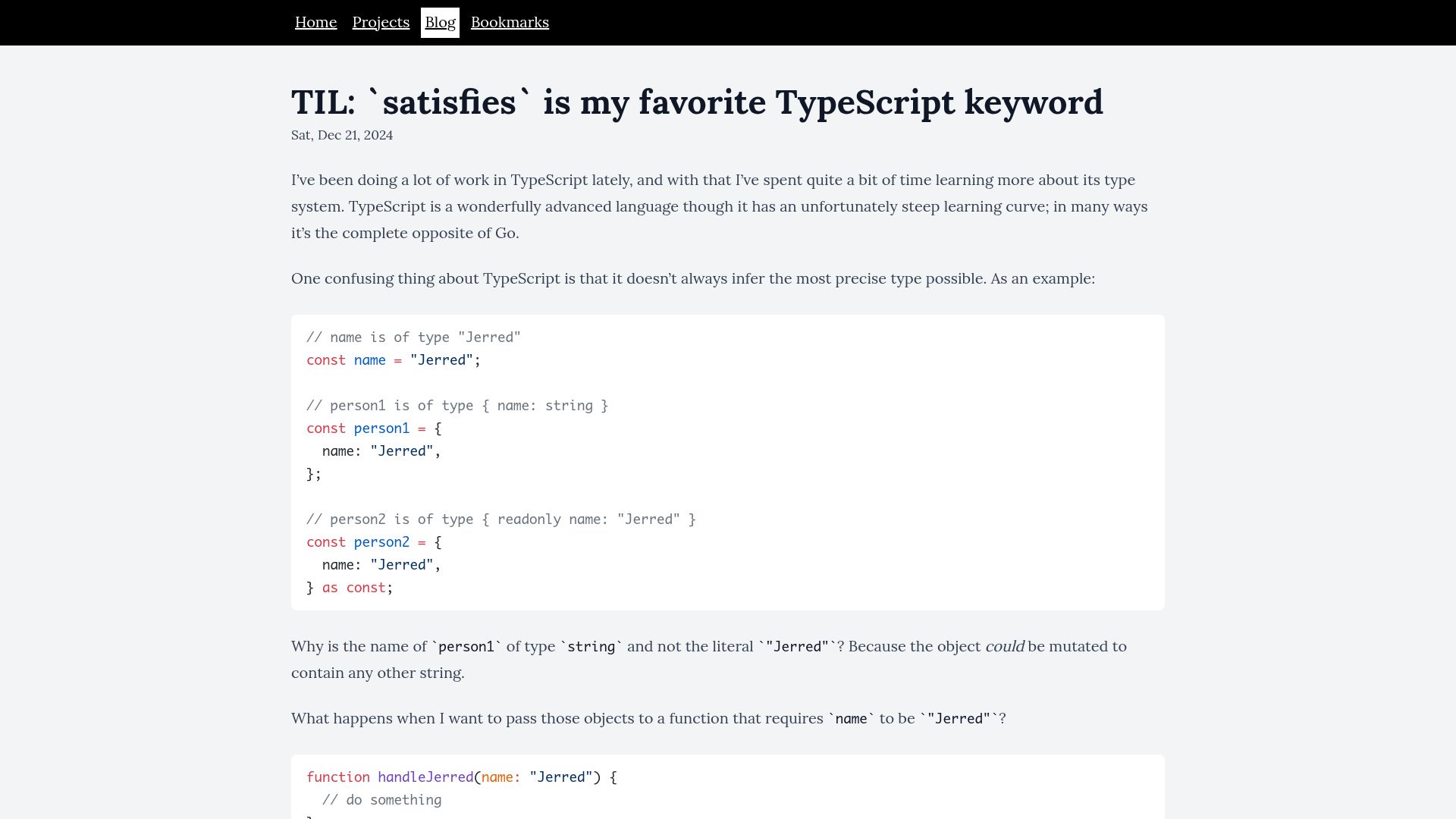 Screenshot of sjer.red: `satisfies` is my favorite TypeScript keyword (2024)