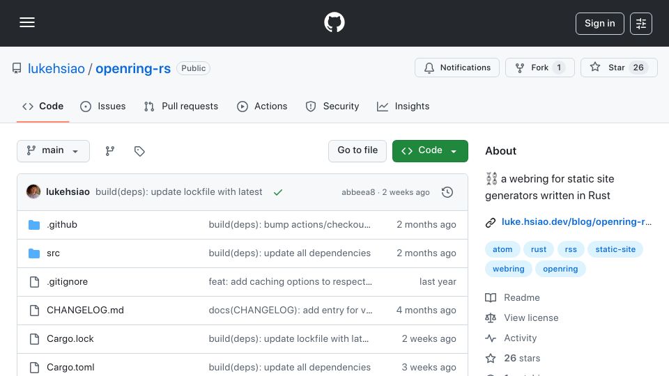 Screenshot of github.com: Openring-rs: a webring for static site generators written in Rust