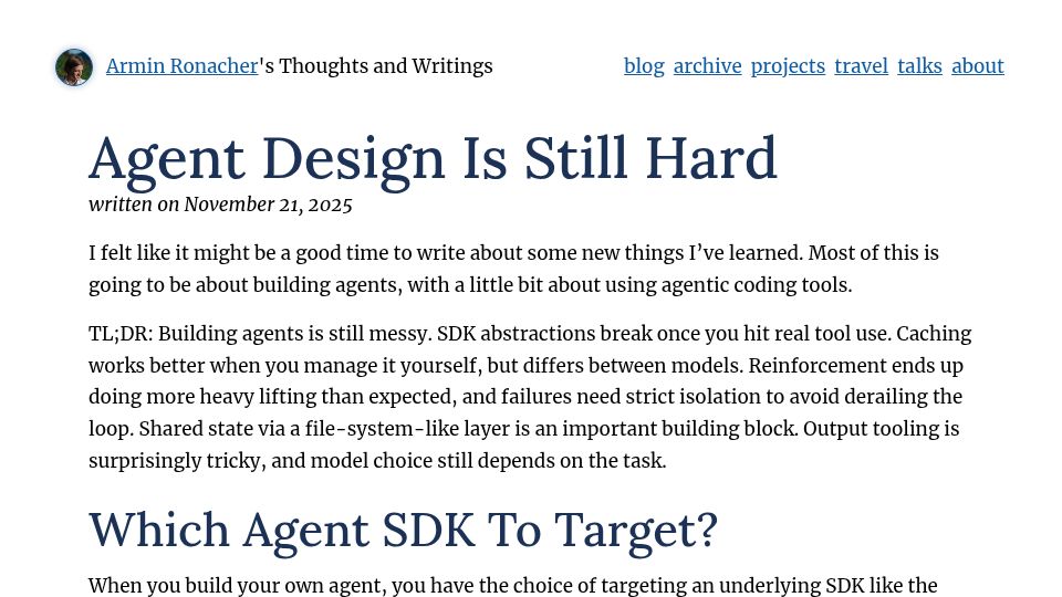 Screenshot of lucumr.pocoo.org: Agent design is still hard