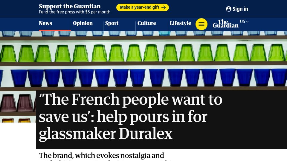Screenshot of theguardian.com: 'The French people want to save us': help pours in for glassmaker Duralex
