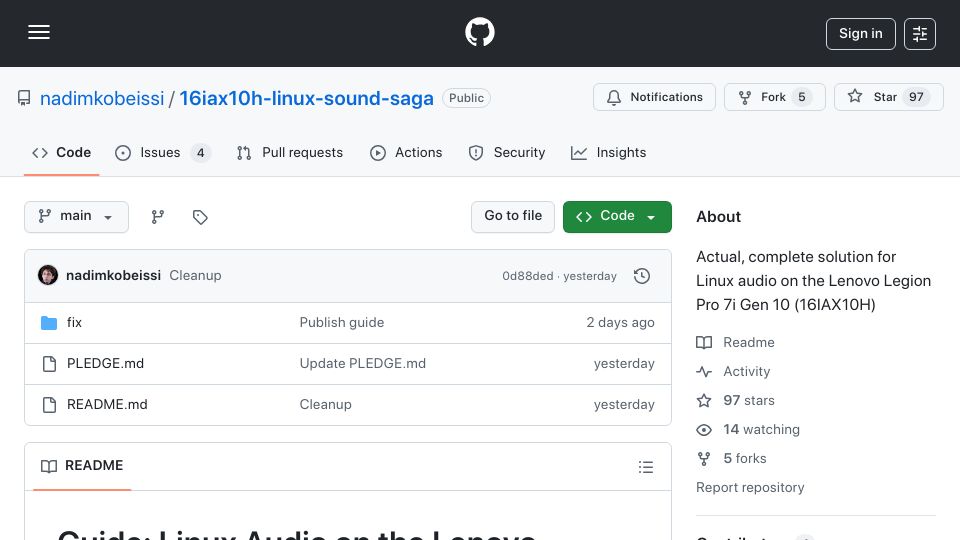 Screenshot of github.com: $1900 Bug Bounty to Fix the Lenovo Legion Pro 7 16IAX10H's Speakers on Linux