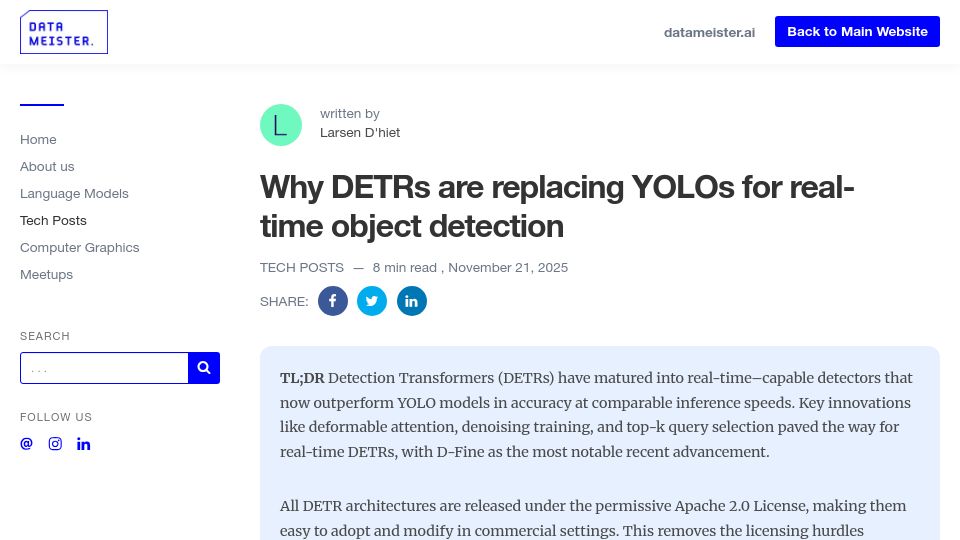 Screenshot of blog.datameister.ai: Why DETRs are replacing YOLOs for real-time object detection
