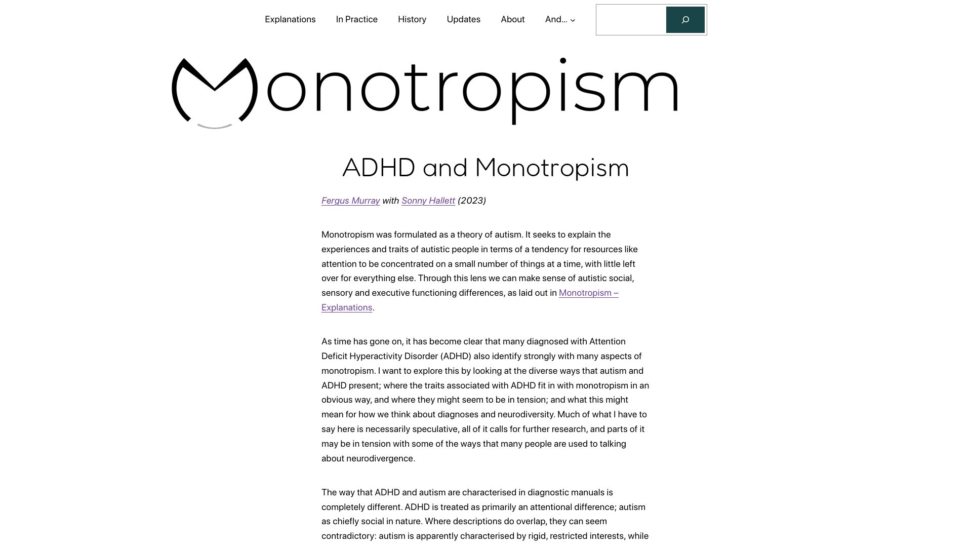 Screenshot of monotropism.org: ADHD and monotropism (2023)
