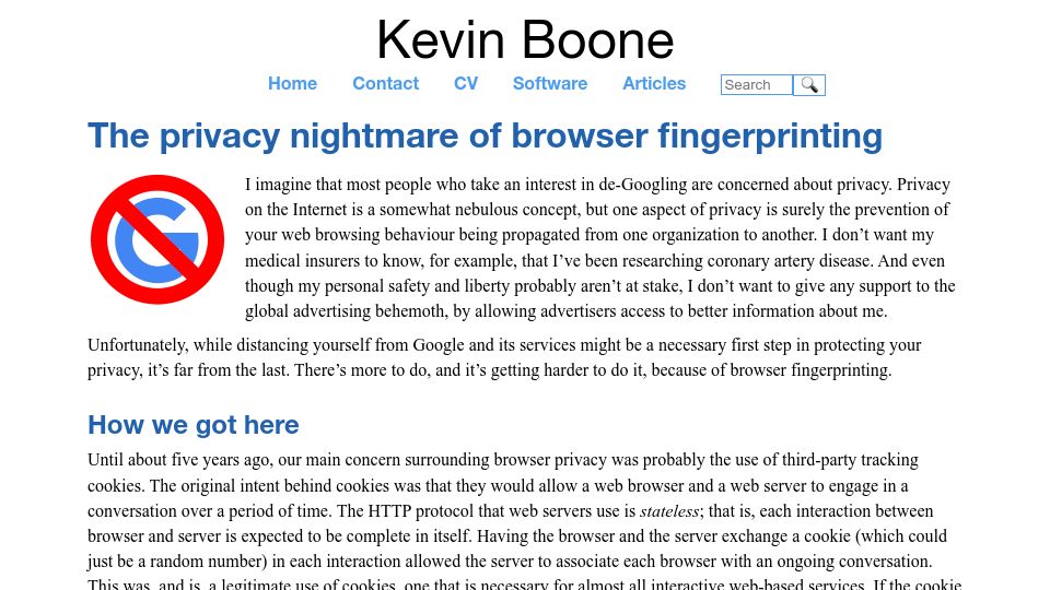 Screenshot of kevinboone.me: The privacy nightmare of browser fingerprinting