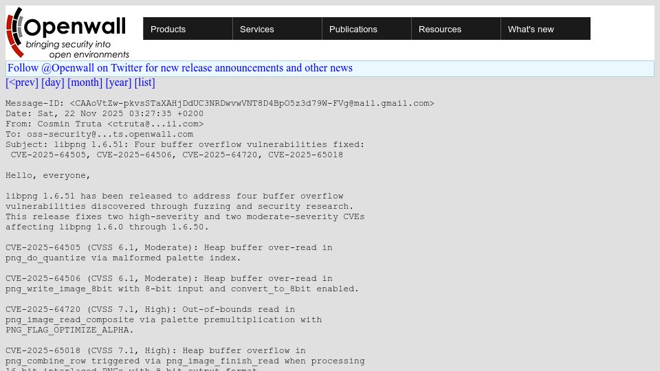 Screenshot of openwall.com: Libpng 1.6.51: Four buffer overflow vulnerabilities fixed