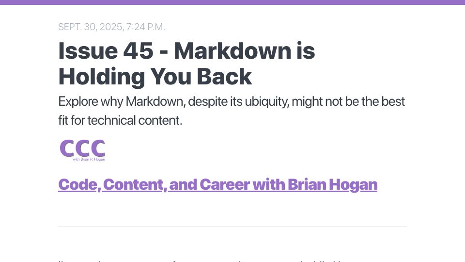Screenshot of newsletter.bphogan.com: Markdown is holding you back