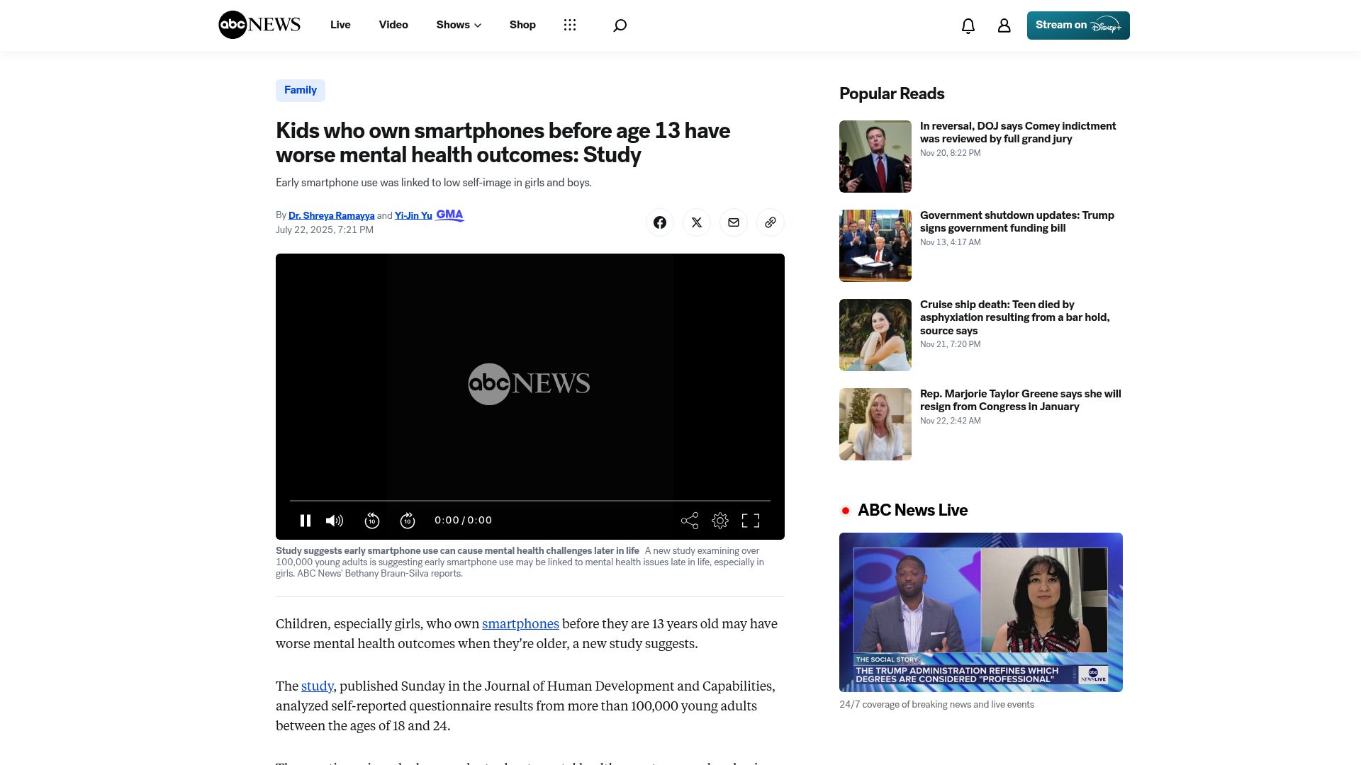 Screenshot of abcnews.go.com: Kids who own smartphones before age 13 have worse mental health outcomes: Study