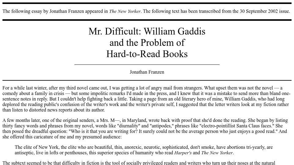 Screenshot of adilegian.com: Mr. Difficult: William Gaddis and the Problem of Hard-to-Read Books (2002)