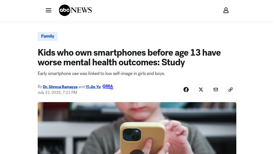 Screenshot of abcnews.go.com: Kids who own smartphones before age 13 have worse mental health outcomes: Study