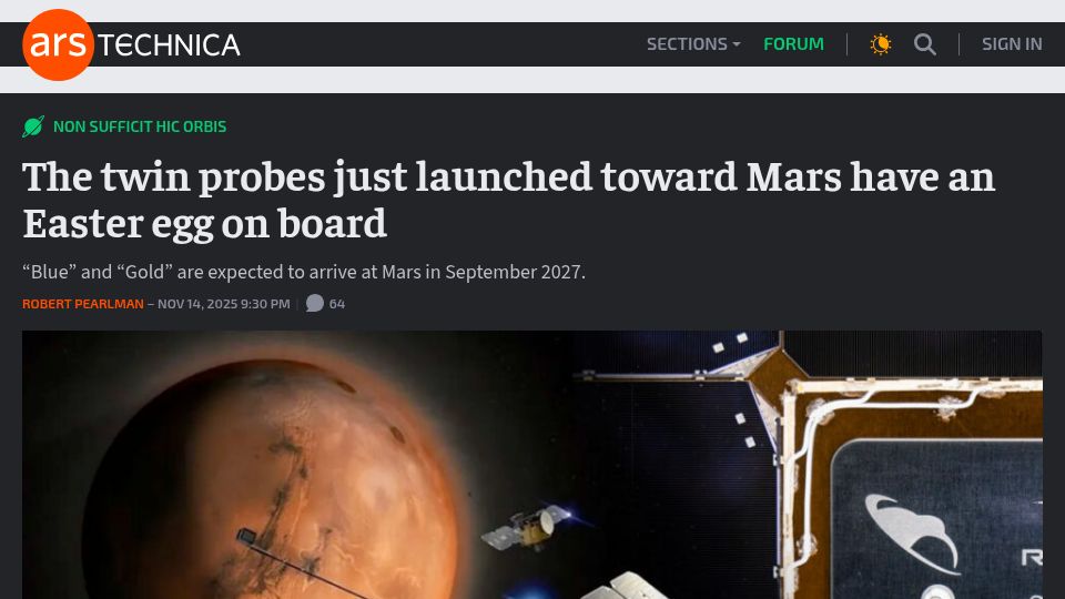 Screenshot of arstechnica.com: The twin probes just launched toward Mars have an Easter egg on board