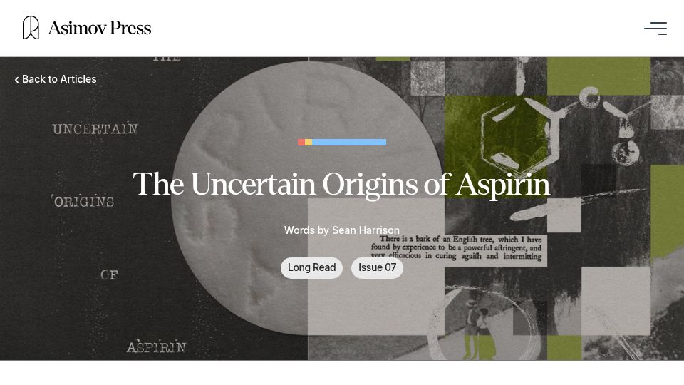 Screenshot of press.asimov.com: The Uncertain Origins of Aspirin
