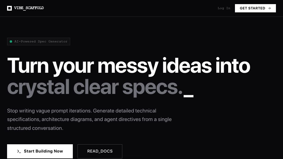 Screenshot of vibescaffold.dev: Show HN: I built a wizard to turn ideas into AI coding agent-ready specs