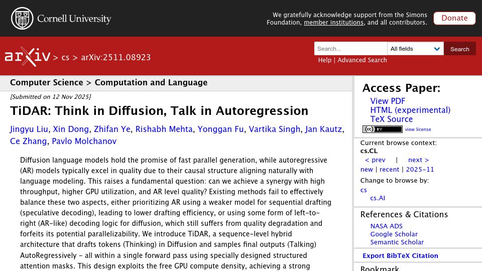 Screenshot of arxiv.org: TiDAR: Think in Diffusion, Talk in Autoregression