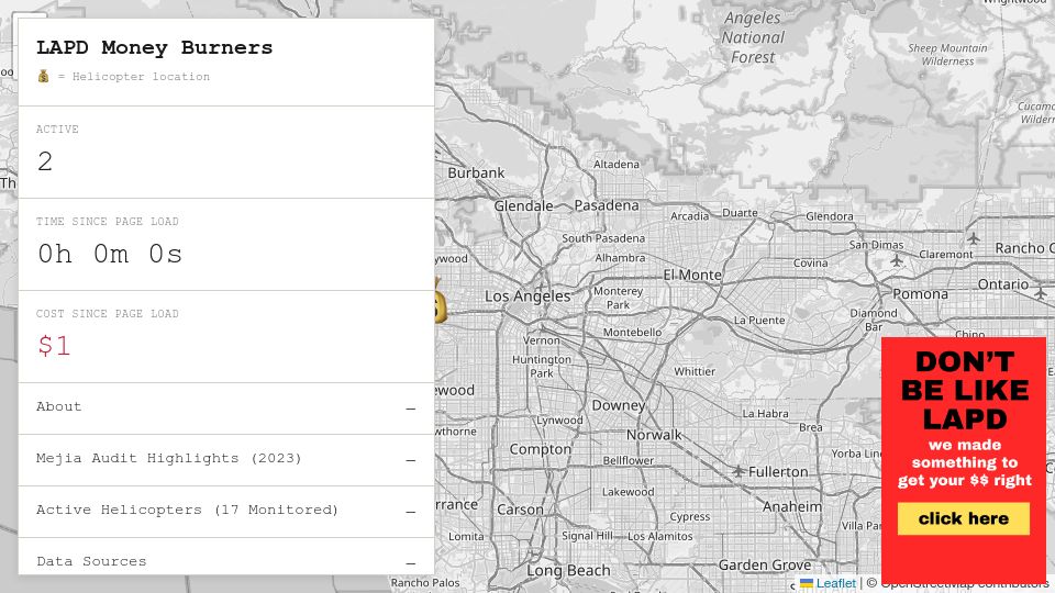 Screenshot of lapdhelicoptertracker.com: LAPD helicopter tracker with real-time operating costs