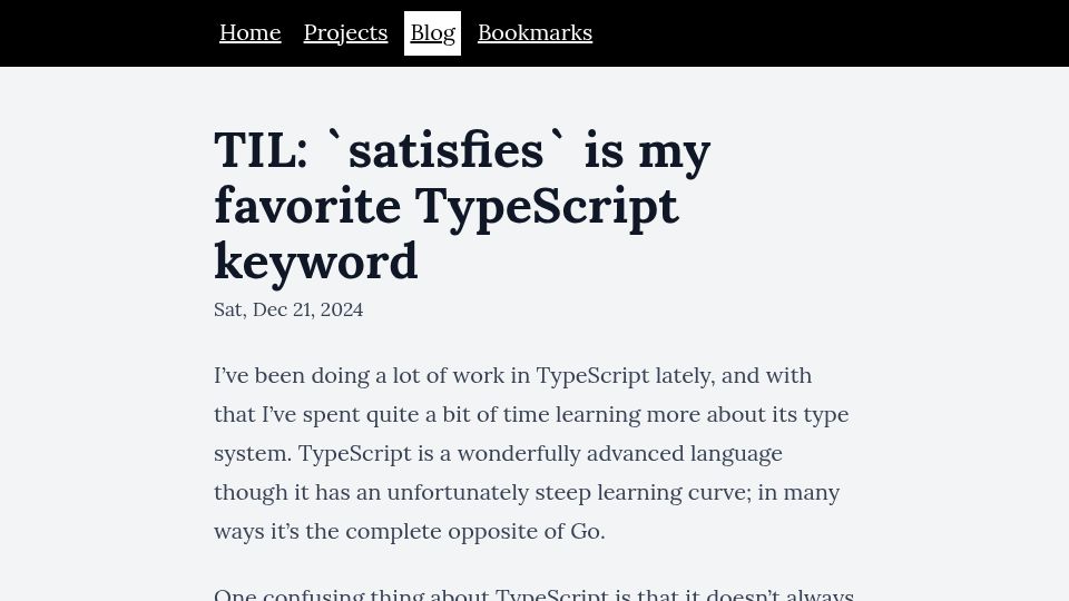 Screenshot of sjer.red: `satisfies` is my favorite TypeScript keyword (2024)