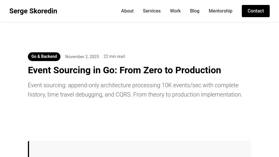 Screenshot of skoredin.pro: Event Sourcing in Go: From Zero to Production