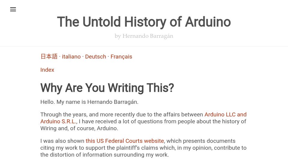 Screenshot of arduinohistory.github.io: The Untold History of Arduino (2016)