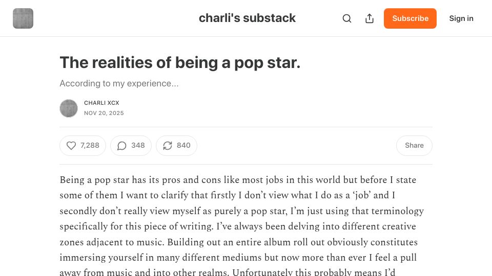 Screenshot of itscharlibb.substack.com: The realities of being a pop star