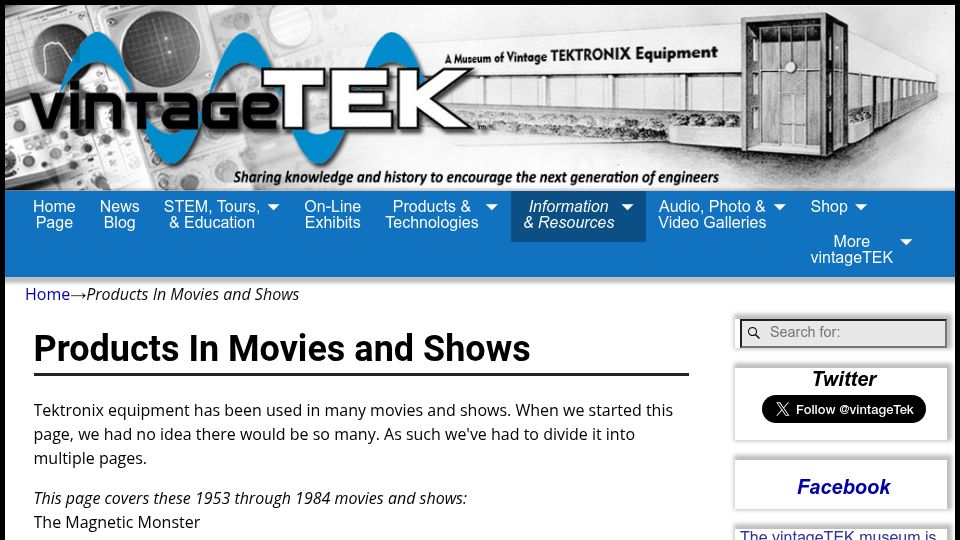 Screenshot of vintagetek.org: Tektronix equipment has been used in many movies and shows