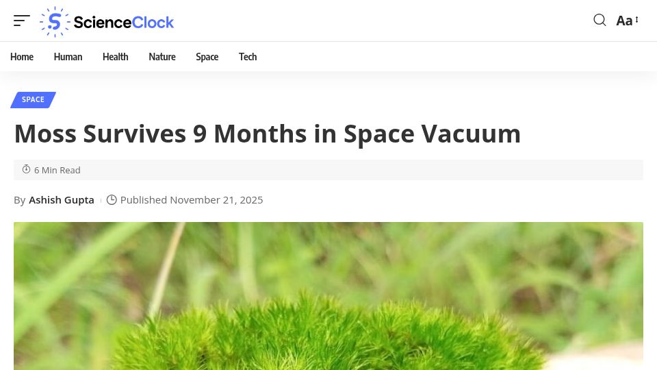 Screenshot of scienceclock.com: Moss Survives 9 Months in Space Vacuum