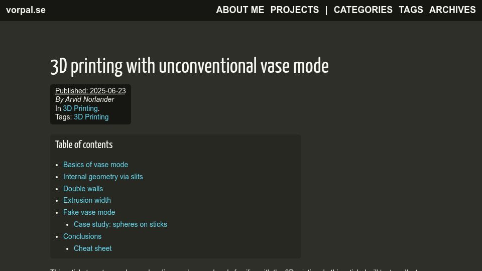 Screenshot of vorpal.se: 3D printing with unconventional vase mode