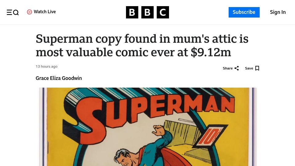 Screenshot of bbc.com: Original Superman comic becomes the highest-priced comic book ever sold