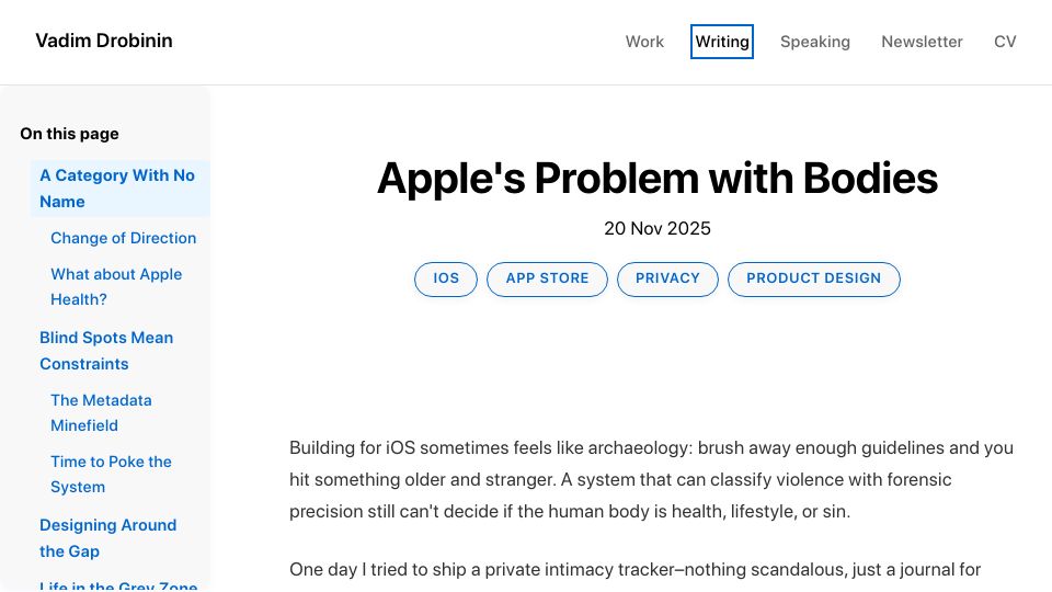 Screenshot of drobinin.com: Apple's Problem with Bodies