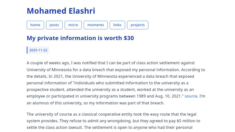Screenshot of blog.melashri.net: My private information is worth $30