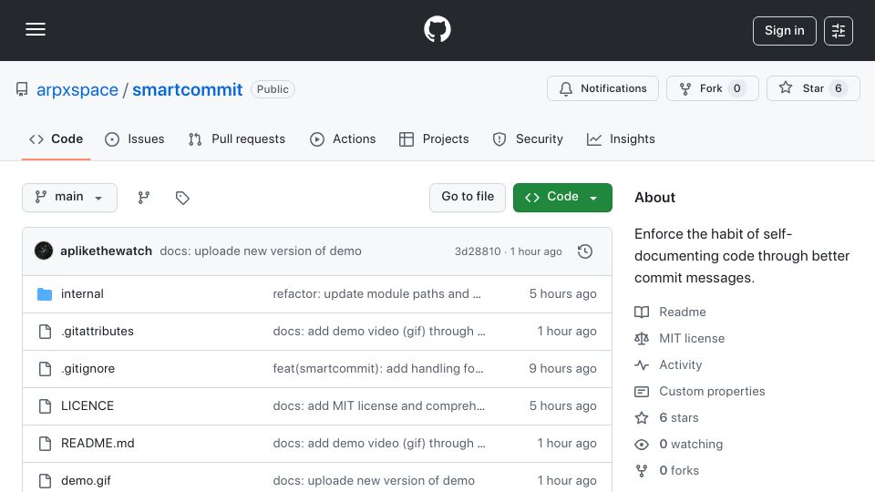 Screenshot of github.com: Show HN: Build the habit of writing meaningful commit messages