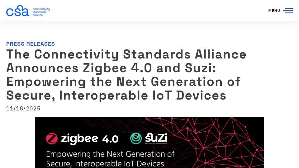 Screenshot of csa-iot.org: The Connectivity Standards Alliance Announces Zigbee 4.0 and Suzi