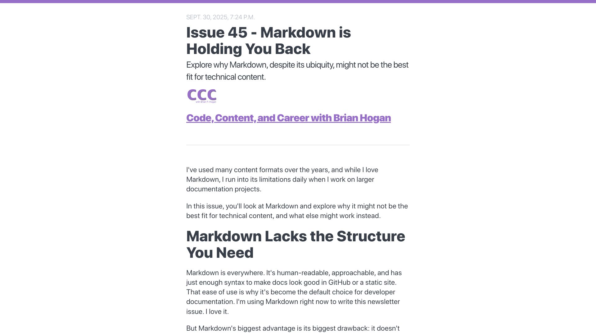 Screenshot of newsletter.bphogan.com: Markdown is holding you back