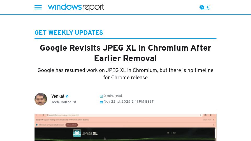 Screenshot of windowsreport.com: Google Revisits JPEG XL in Chromium After Earlier Removal