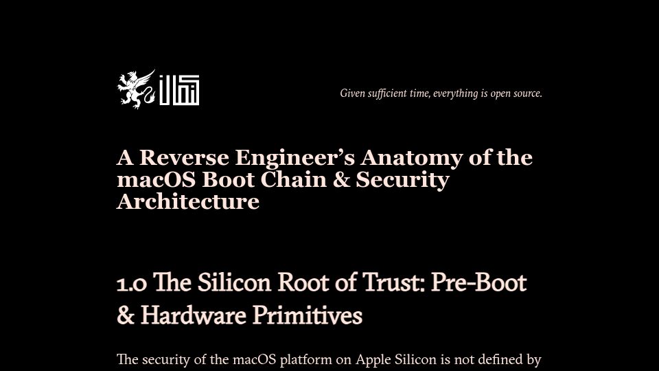 Screenshot of stack.int.mov: A Reverse Engineer's Anatomy of the macOS Boot Chain and Security Architecture