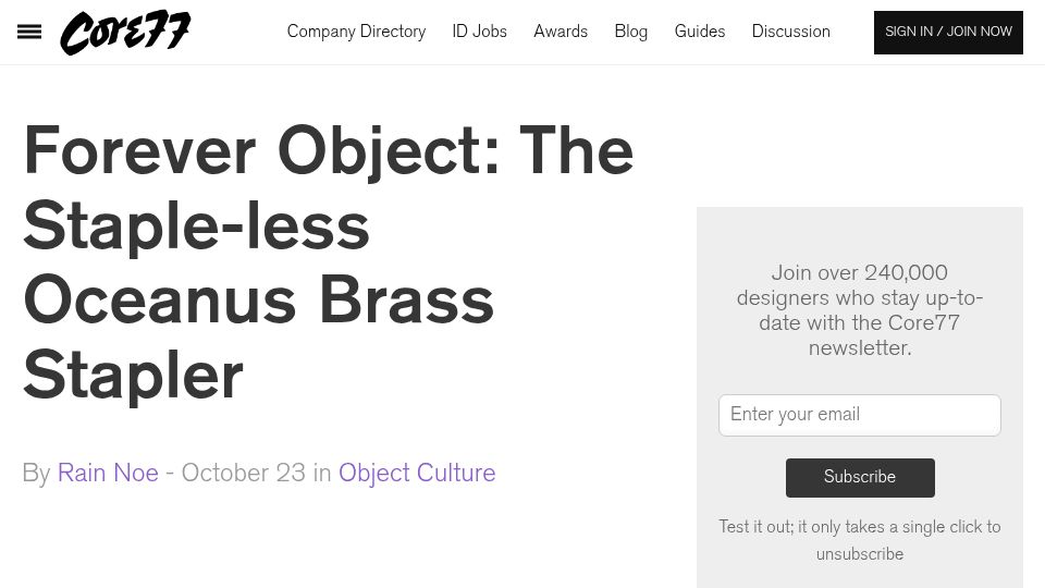 Screenshot of core77.com: Forever Object: The Staple-Less Oceanus Brass Stapler