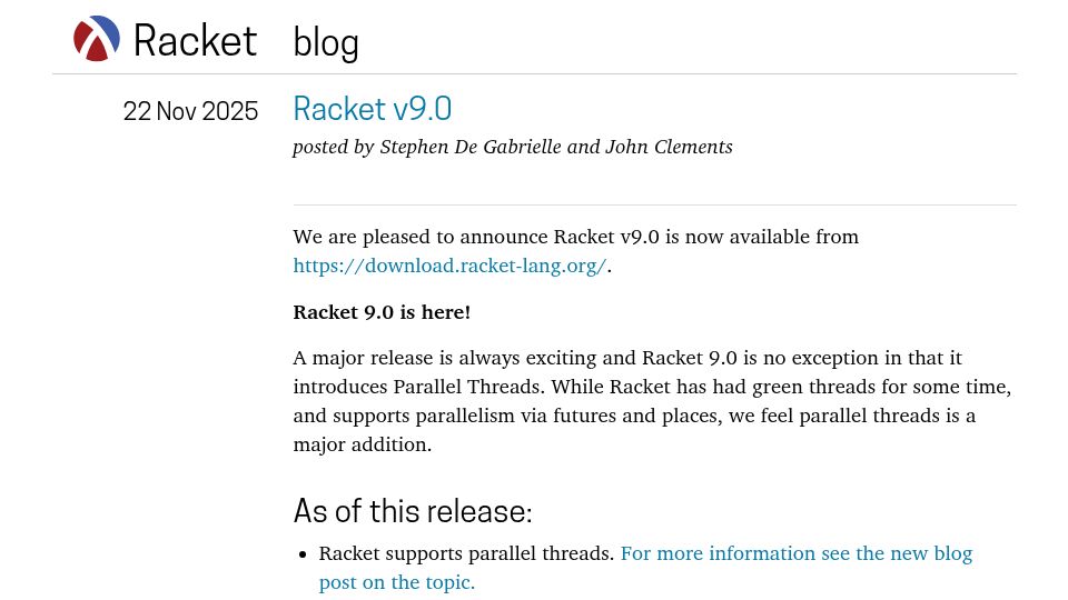 Screenshot of blog.racket-lang.org: Racket v9.0