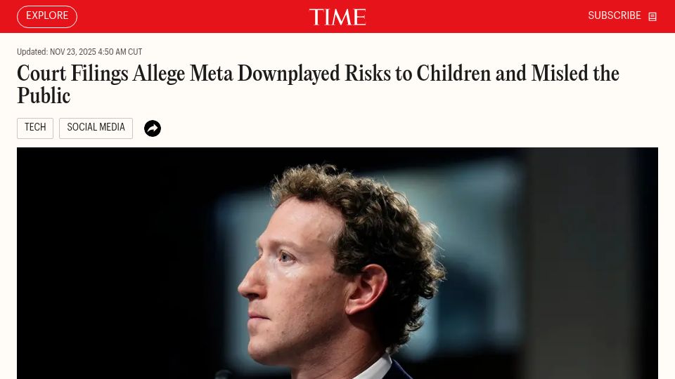 Screenshot of time.com: Court filings allege Meta downplayed risks to children and misled the public