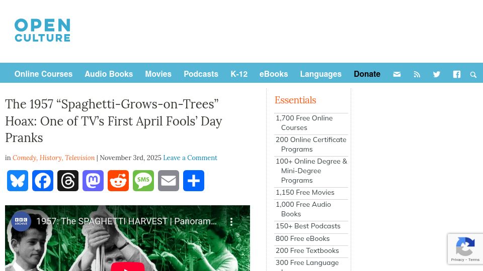 Screenshot of openculture.com: The 1957 “Spaghetti-Grows-on-Trees” Hoax