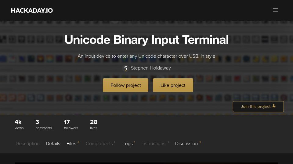 Screenshot of hackaday.io: Unicode Binary Input Terminal