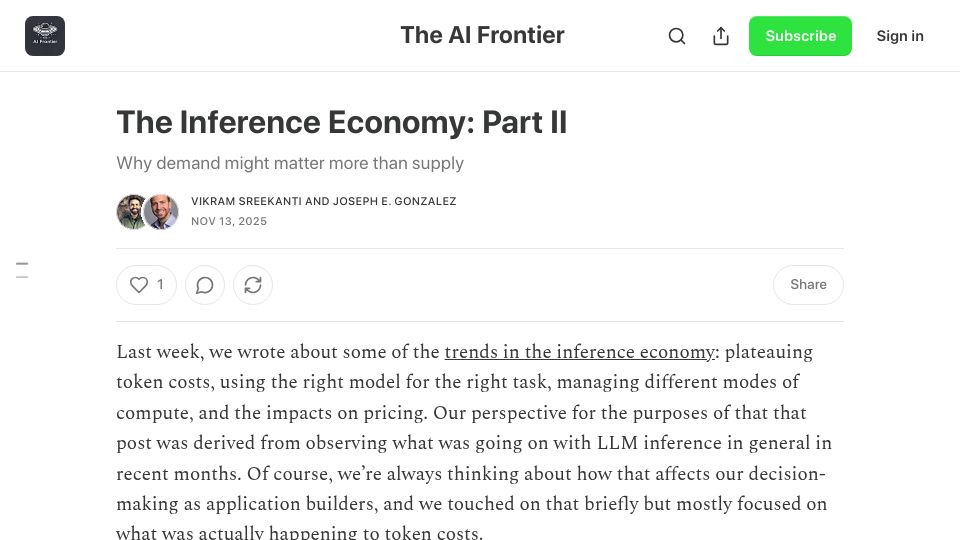 Screenshot of frontierai.substack.com: The Inference Economy: Why demand matters more than supply