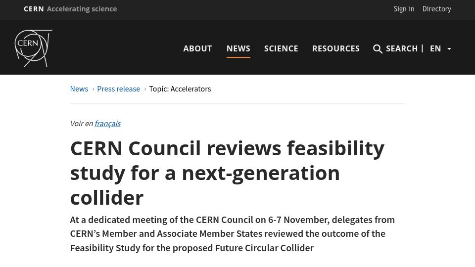 Screenshot of home.cern: CERN Council reviews feasibility study for a next-generation collider