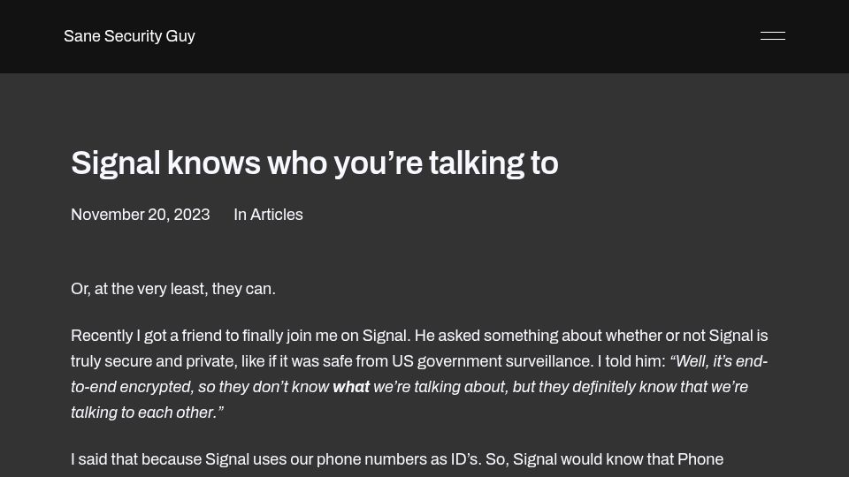 Screenshot of sanesecurityguy.com: Signal knows who you're talking to