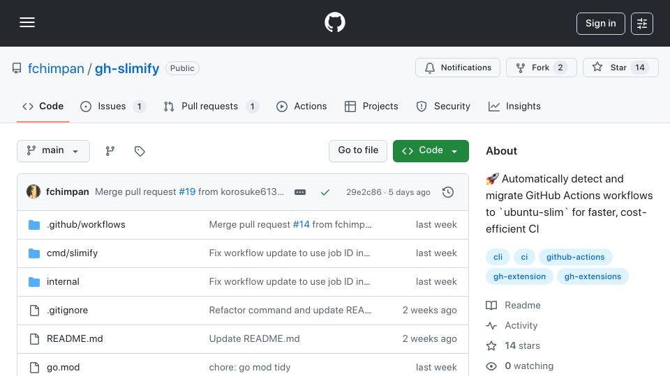 Screenshot of github.com: Show HN: A tool to safely migrate GitHub Actions workflows to Ubuntu-slim runner