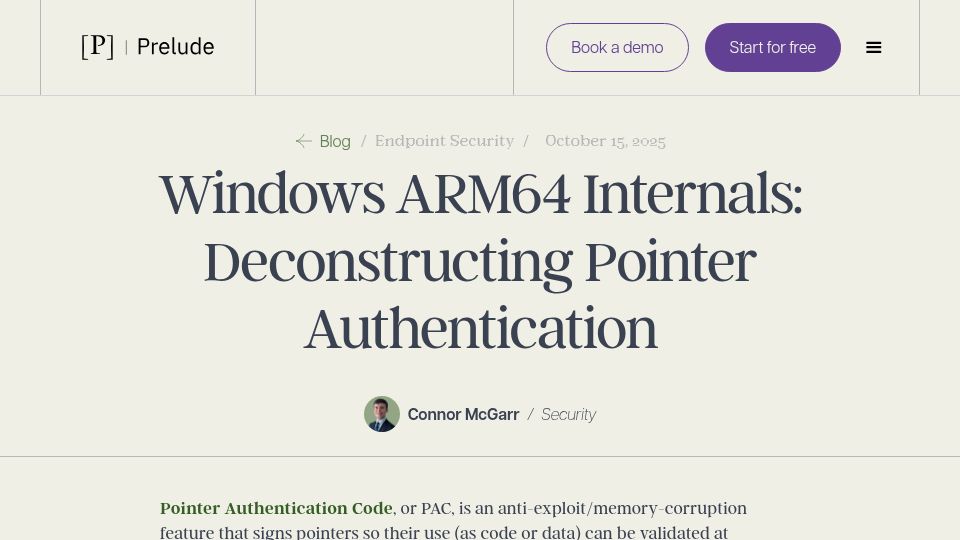 Screenshot of preludesecurity.com: Windows ARM64 Internals: Deconstructing Pointer Authentication