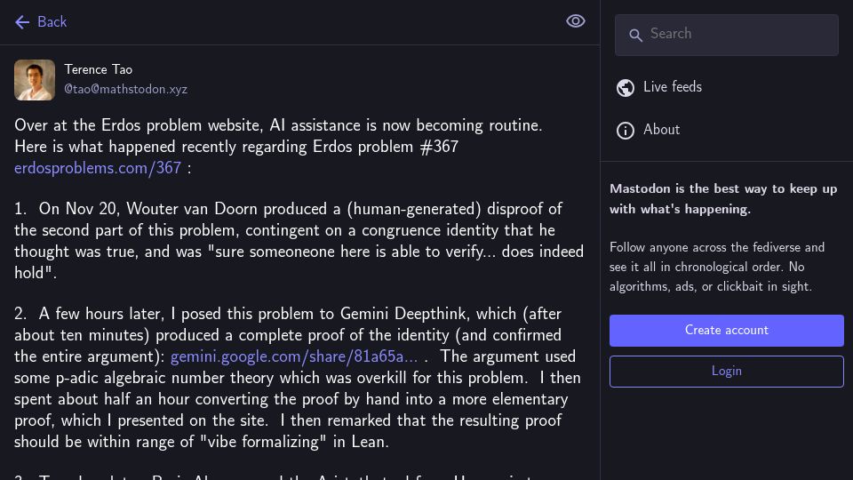 Screenshot of mathstodon.xyz: Terence Tao: At the Erdos problem website, AI assistance now becoming routine