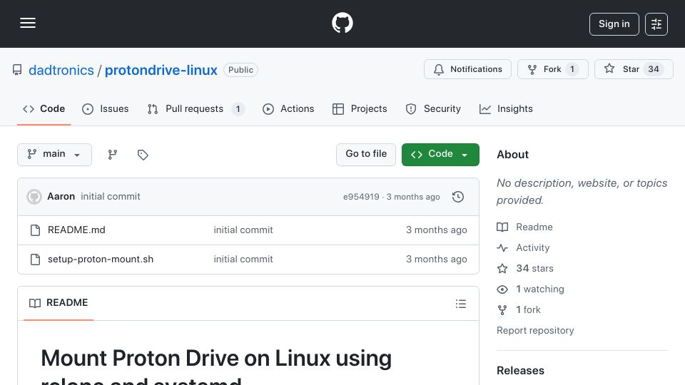 Screenshot of github.com: Mount Proton Drive on Linux using rclone and systemd