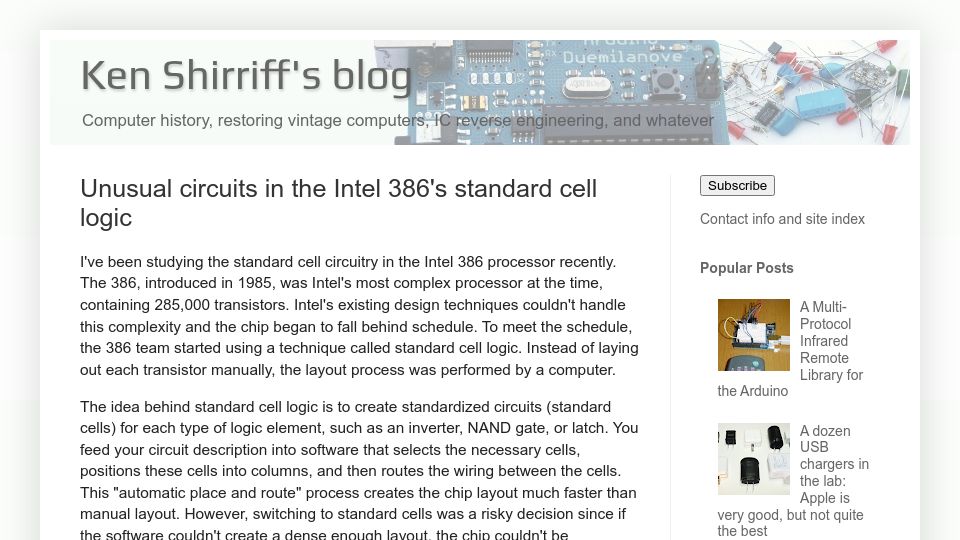 Screenshot of righto.com: Unusual circuits in the Intel 386's standard cell logic