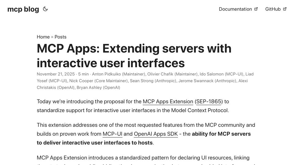 Screenshot of blog.modelcontextprotocol.io: MCP Apps: Extending servers with interactive user interfaces