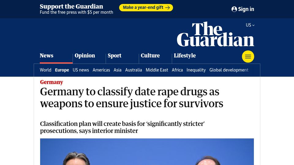 Screenshot of theguardian.com: Germany to classify date rape drugs as weapons to ensure justice for survivors