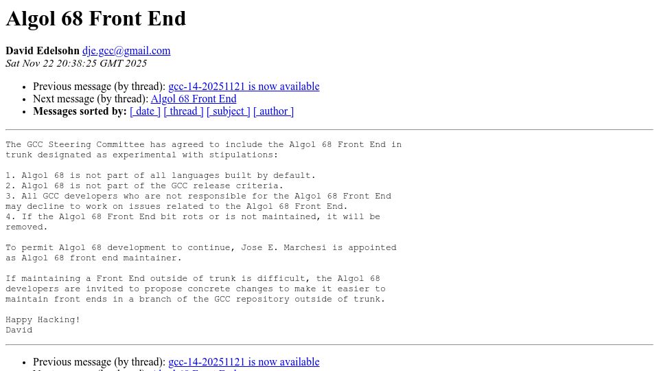 Screenshot of gcc.gnu.org: GCC SC approves inclusion of Algol 68 Front End