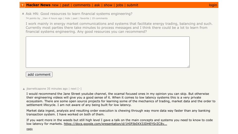 Screenshot of Hacker News post: Ask HN: Good resources to learn financial systems engineering?